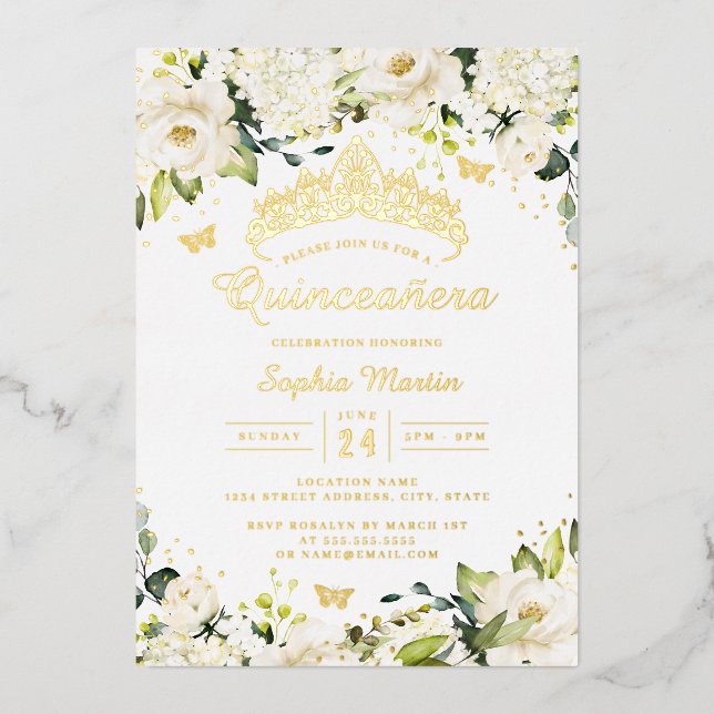 Invitation En Aluminium Champagne d'or Quinceanera Florale Blanche (Recto)