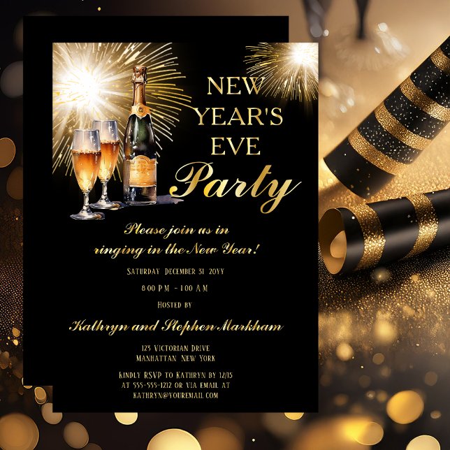 Invitation En Aluminium Champagne Fireworks Black Gold New Years Eve Party (Champagne with Glasses and Fireworks Black and Gold Tone New Year's Eve Party Invitation)