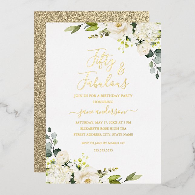 Invitation En Aluminium Champagne Floral 50 & Fabuleux anniversaire (Recto/Verso)