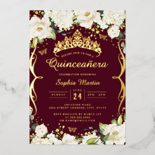 Invitation En Aluminium Champagne Floral Bourguignon Défilement Quinceaner