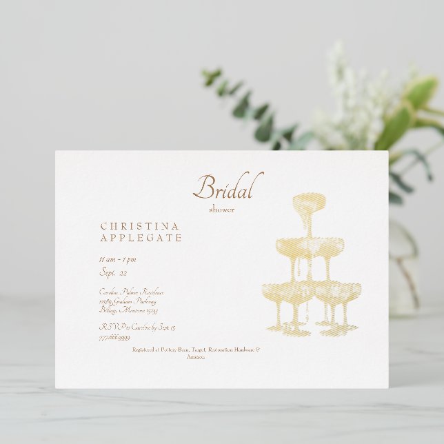 Invitation En Aluminium Champagne Tower Gold Texte Fête des mariées Or (Debout devant)