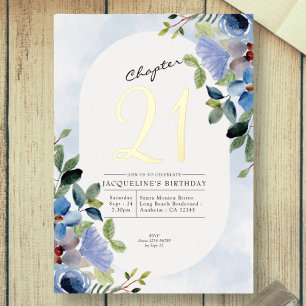 Invitation En Aluminium Chapitre 21 Floral bleu 21e Anniversaire Or
