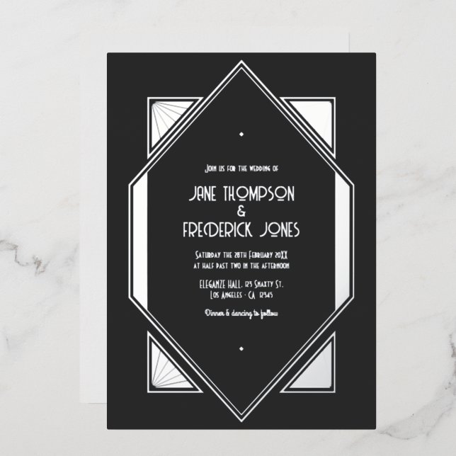 Invitation En Aluminium Charcoal Gray & Silver Gatsby Art Deco Wedding (Recto/Verso)