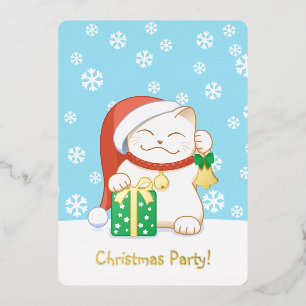 Invitation En Aluminium Chat de Noël blanc dans une fête Casquette rouge