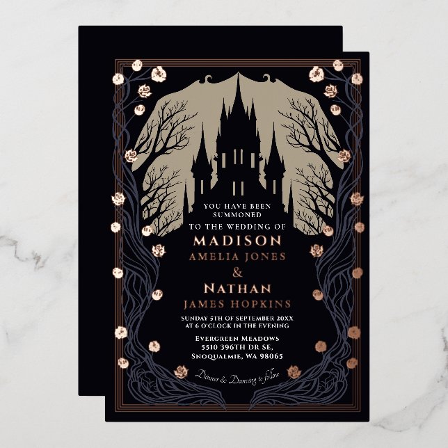 Invitation En Aluminium Château gothique Floral Halloween Mariage (Recto/Verso)