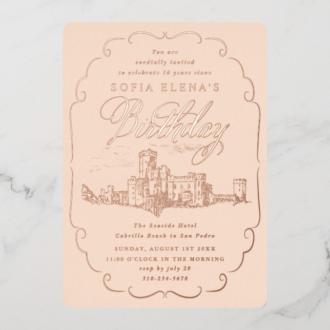 Invitation En Aluminium Château romantique Imaginaire Anniversaire Rose Or (Recto)