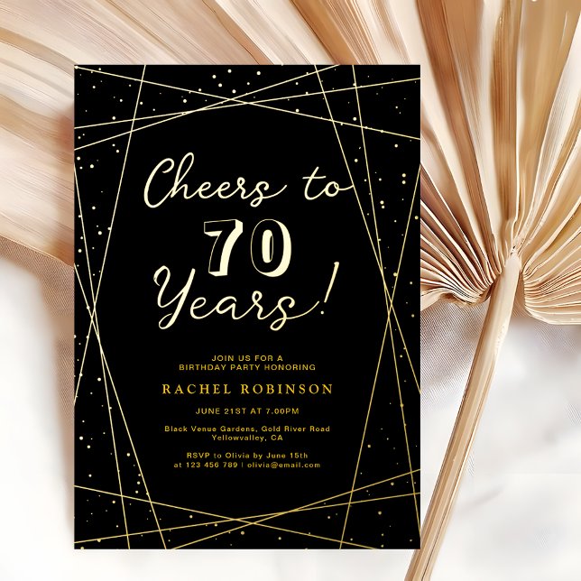 Invitation En Aluminium Cheers to 70 Years Birthday Party Black & Gold (Créateur téléchargé)