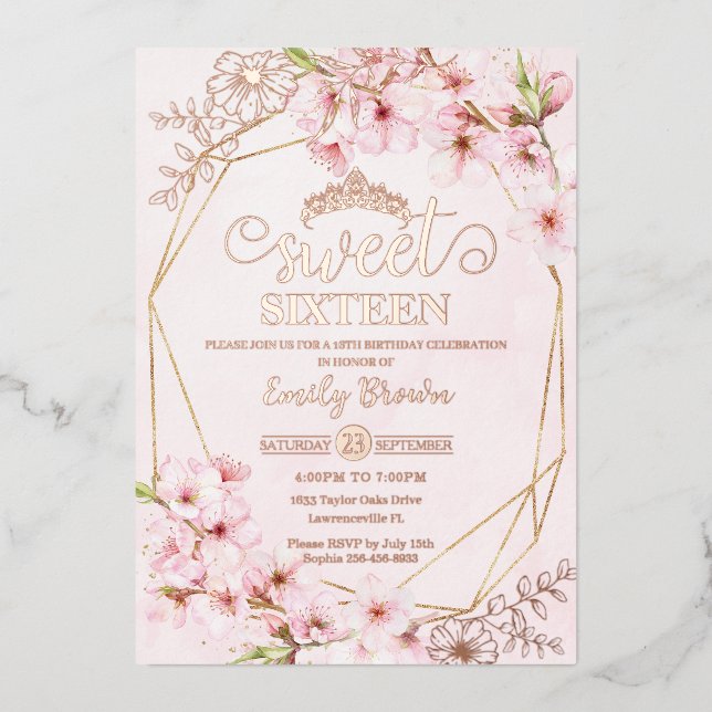 Invitation En Aluminium Cherry Blossoms Sakura Pink Sweet 16 Rose Gold  (Recto)