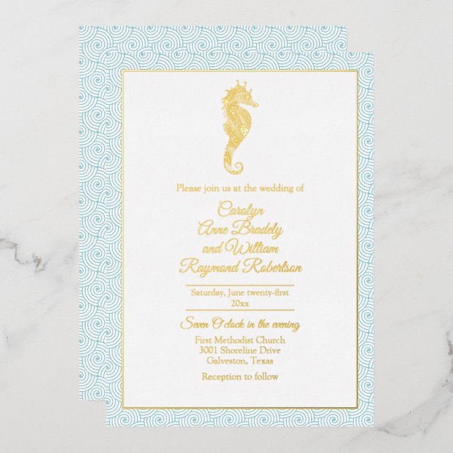 Invitation En Aluminium Cheval d'or avec Mariage de cadre Aqua (Recto/Verso)