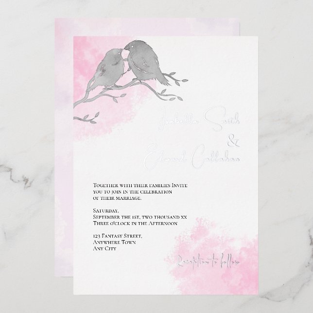 Invitation En Aluminium Chic Aquarelle Gris Lovebirds Rose couleur laver (Recto/Verso)