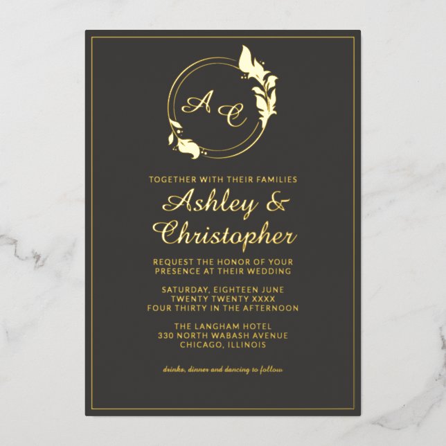 Invitation En Aluminium Chic Ardoise Gris Feuille Monogramme Photo Mariage (Recto)