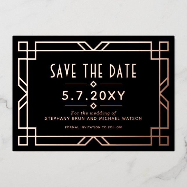 Invitation En Aluminium Chic Art Déco Enregistrer la date Black Rose Gold  (Recto)