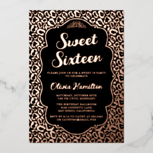 Invitation En Aluminium Chic Black et Rose Gold Leopard Sweet 16