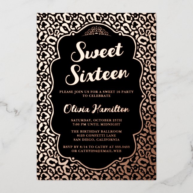 Invitation En Aluminium Chic Black et Rose Gold Leopard Sweet 16 (Recto)