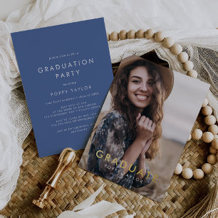Invitation En Aluminium Chic Blue Gold Foil Photo Graduation Party