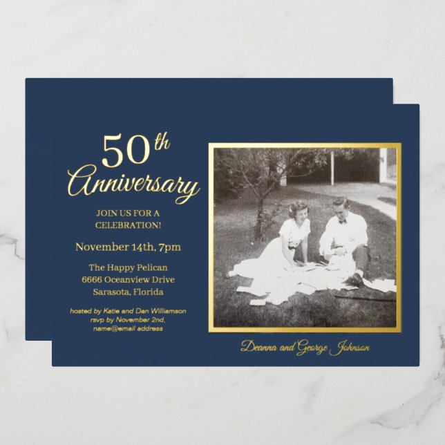 Invitation En Aluminium Chic Blue Photo 50e Anniversaire Or (Recto/Verso)