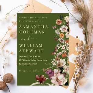 Invitation En Aluminium Chic Boho Fleur sauvage Rustic Moss Green Mariage