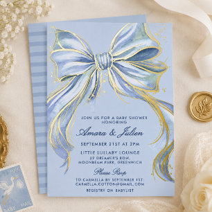 Invitation En Aluminium Chic Couture Bleu Aquarelle Nœud Garçon Baby Showe