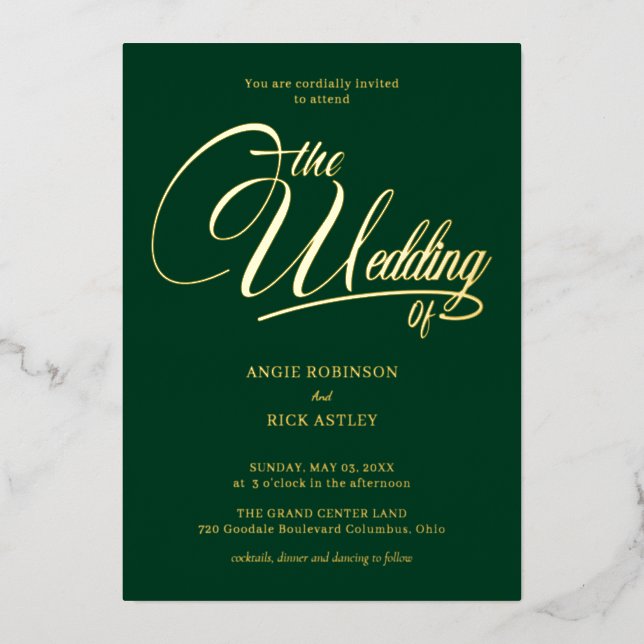 Invitation En Aluminium Chic Forest Green et Mariage d'or (Recto)