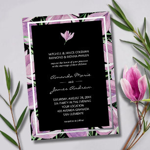 Invitation En Aluminium Chic Magnolias violet sur Black Mariage Silver