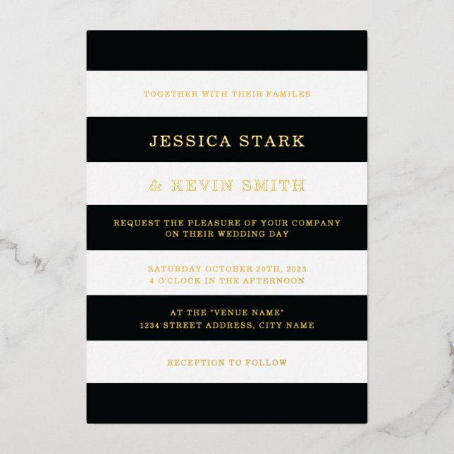 Invitation En Aluminium Chic noir et blanc rayures Mariage or (Recto)