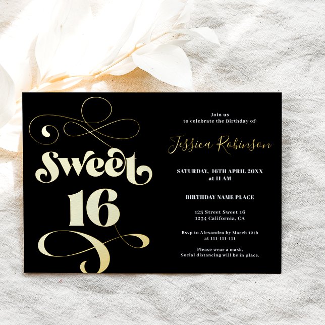 Invitation En Aluminium Chic noir or rétro script photo Sweet 16 (Créateur téléchargé)
