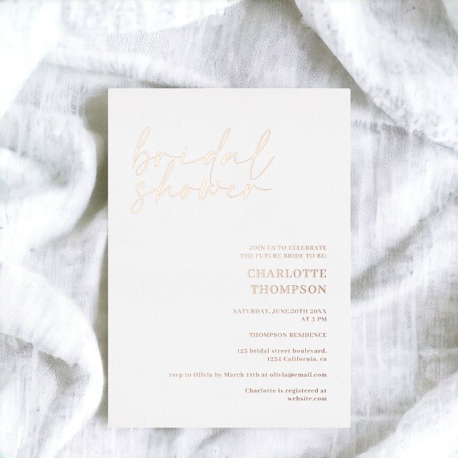 Invitation En Aluminium Chic rose or blanc décontracté script nuptiale dou (Chic rose gold white casual script bridal shower foil invitation)