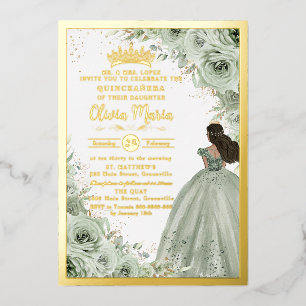 Invitation En Aluminium Chic Sage Vert Floral Brown Princesse Quinceañera