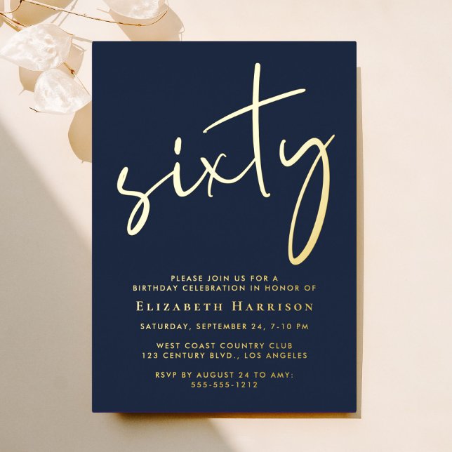 Invitation En Aluminium Chic Script Blue 60th Birthday Party Gold (Créateur téléchargé)