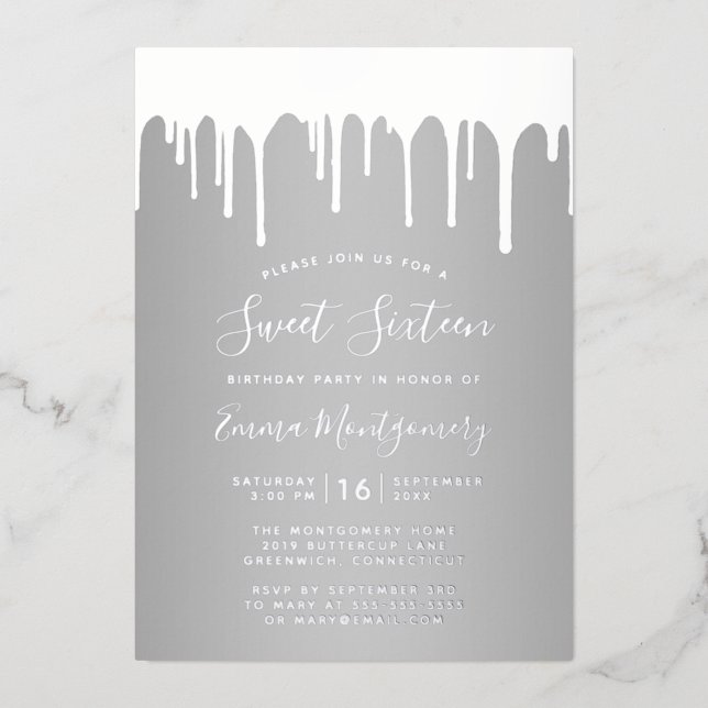 Invitation En Aluminium Chic Silver Drips Sweet 16 Anniversaire fête (Recto)