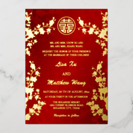 Invitation En Aluminium Chinois Bilingue | Mariage Cerise Rouge Fleur de C