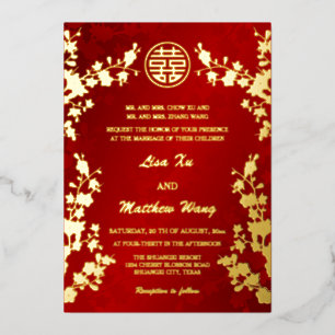 Invitation En Aluminium Chinois Bilingue   Mariage Cerise Rouge Fleur de C
