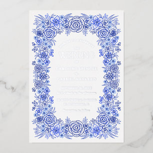 Invitation En Aluminium Chinoiserie d'argent bleu Floral Mariage français