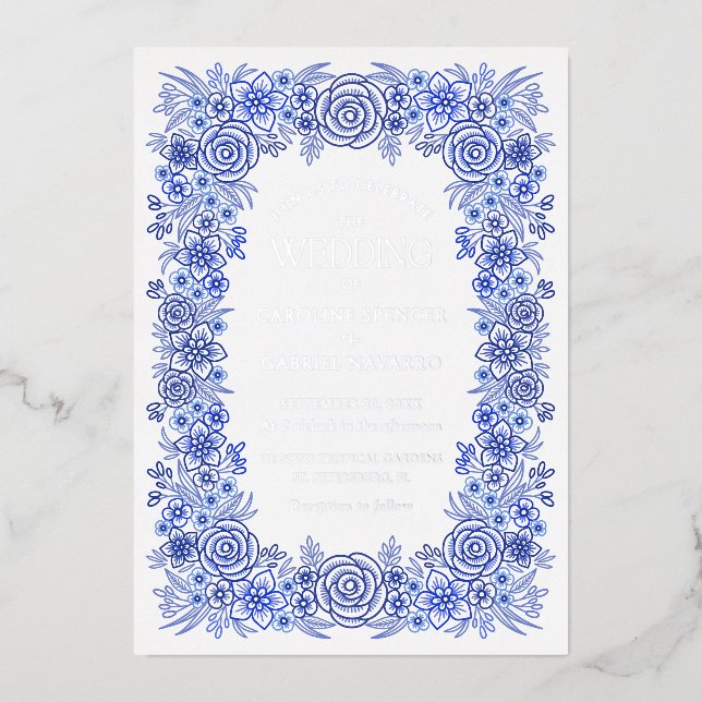 Invitation En Aluminium Chinoiserie d'argent bleu Floral Mariage français (Recto)