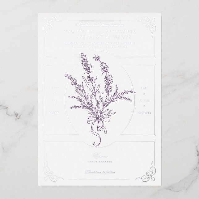 Invitation En Aluminium Chinoiserie Lavender Bouquet Mariage victorien (Recto)
