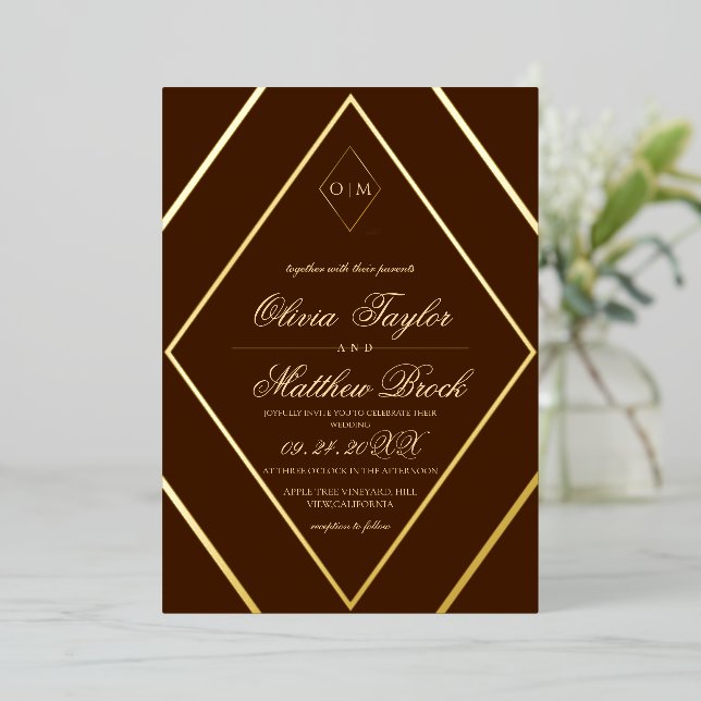 Invitation En Aluminium Chocolat diamant moderne Brown Mariage or (Debout devant)