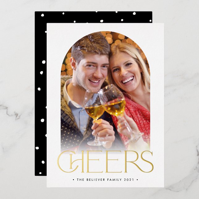 Invitation En Aluminium CHRISTMAS COUPLE arche moderne photo HEERS overlay (Recto/Verso)