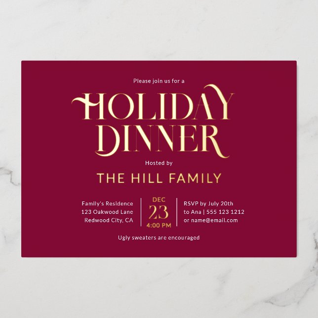 Invitation En Aluminium Christmas Holiday Dinner Elegant Red (Recto)