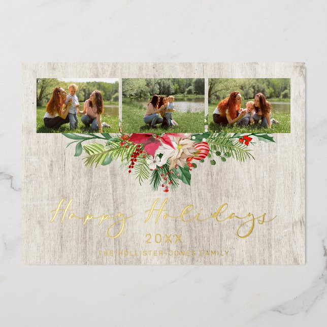 Invitation En Aluminium Christmas Poinsettias Garland Classic 3 Photos (Recto)