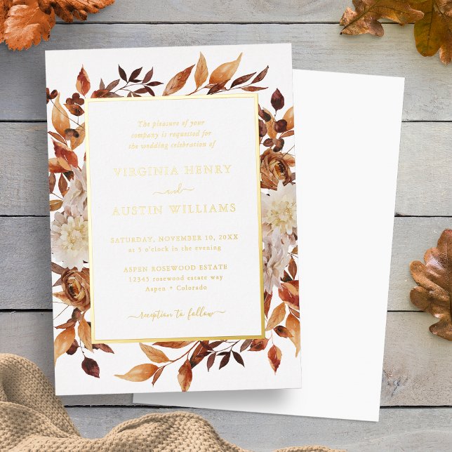 Invitation En Aluminium Chute Gold Mariage élégant (Watercolor Floral Fall Leaves Gold Elegant Wedding Foil Invitation by Painted Paperie
)