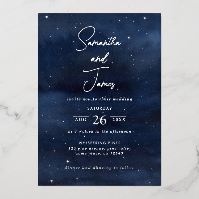 Invitation En Aluminium Ciel de nuit Céleste Soirée Mariage Bleu & Argent (Recto)