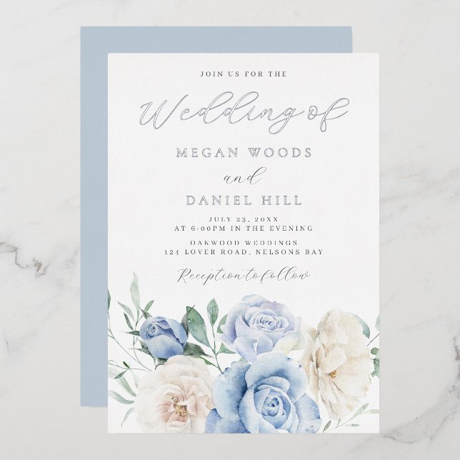 Invitation En Aluminium Ciel Dusty Bleu Superbe Mariage Floral Argent (Recto/Verso)