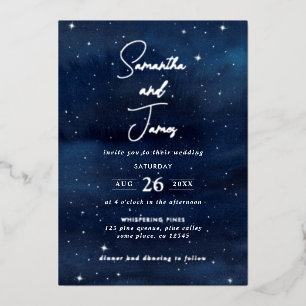 Invitation En Aluminium Ciel nocturne céleste Mariage en soirée Bleu & Arg