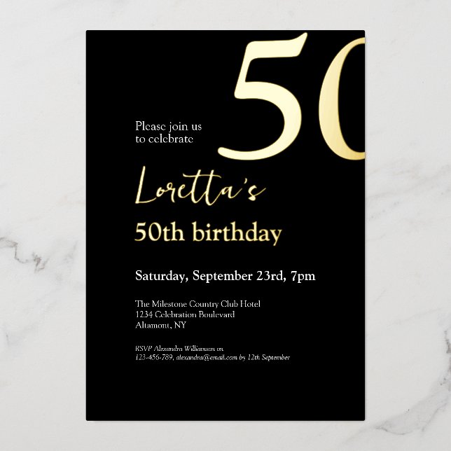 Invitation En Aluminium Cinquante Black Gold Elegant 50e fête d'anniversai (Recto)