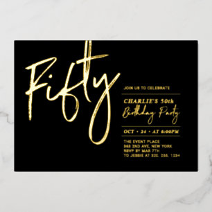 Invitation En Aluminium Cinquante   Black Gold moderne 50e fête d'annivers