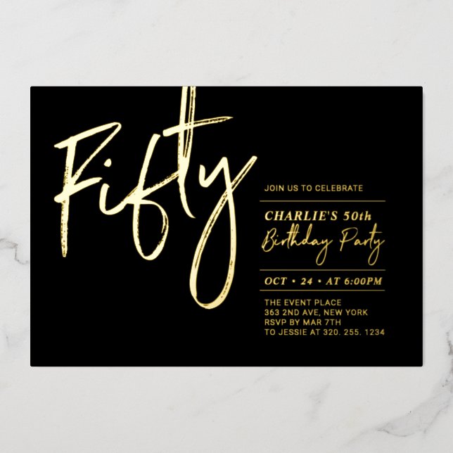 Invitation En Aluminium Cinquante | Black Gold moderne 50e fête d'annivers (Recto)