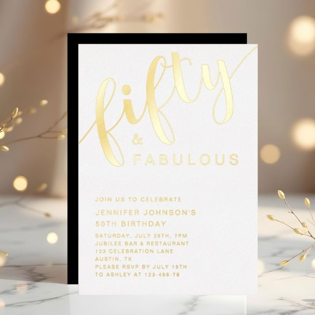 Invitation En Aluminium Cinquante Et Fabuleux 50e Anniversaire Or (Modern Fifty And Fabulous 50th Birthday Gold Foil Invitation)
