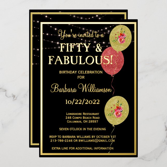 Invitation En Aluminium Cinquante et fabuleux anniversaire Black REAL Gold (Recto/Verso)