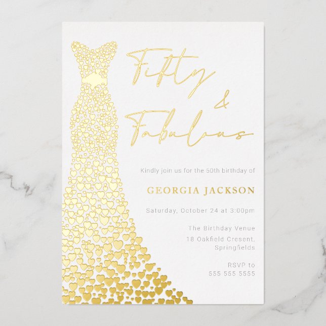 Invitation En Aluminium Cinquante et robe fabuleuse 50e anniversaire Vrai  (Recto)