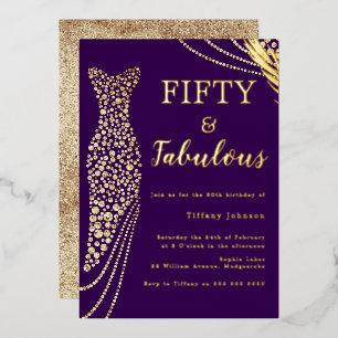 Invitation En Aluminium Cinquante & Fabuleux Robe Violet & Or 50e Annivers